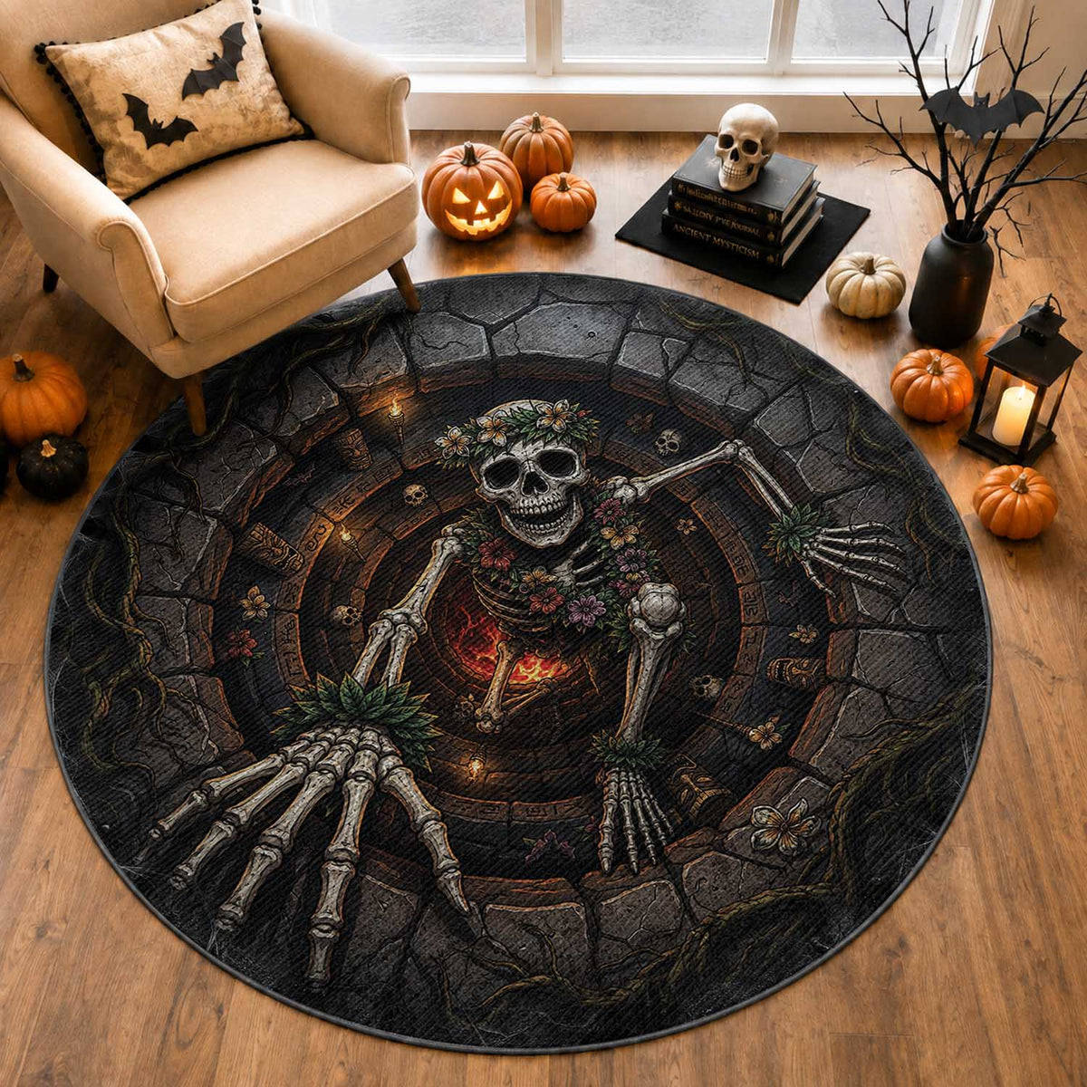 Hawaii Spooky Halloween Round Carpet Creepy Skeleton Hula