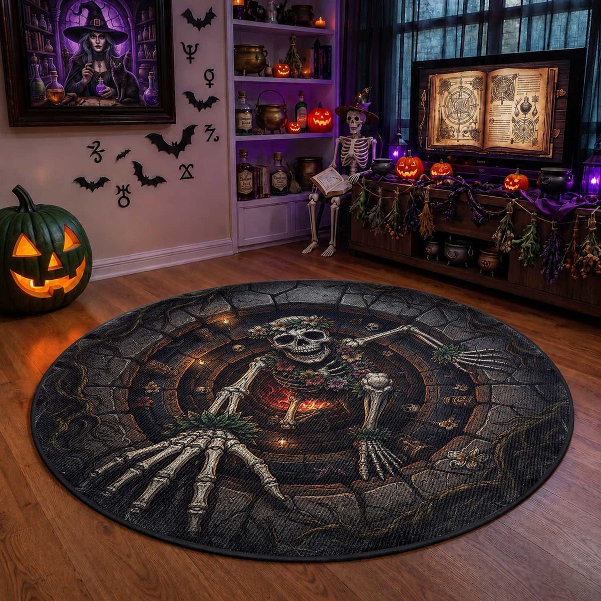 Hawaii Spooky Halloween Round Carpet Creepy Skeleton Hula