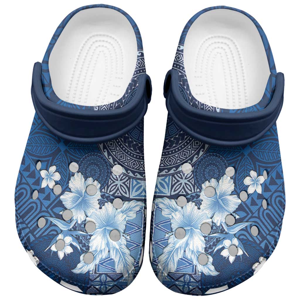 Hawaii Tapa Pattern With Navy Hibiscus Clogs Shoes - Polynesian Pride