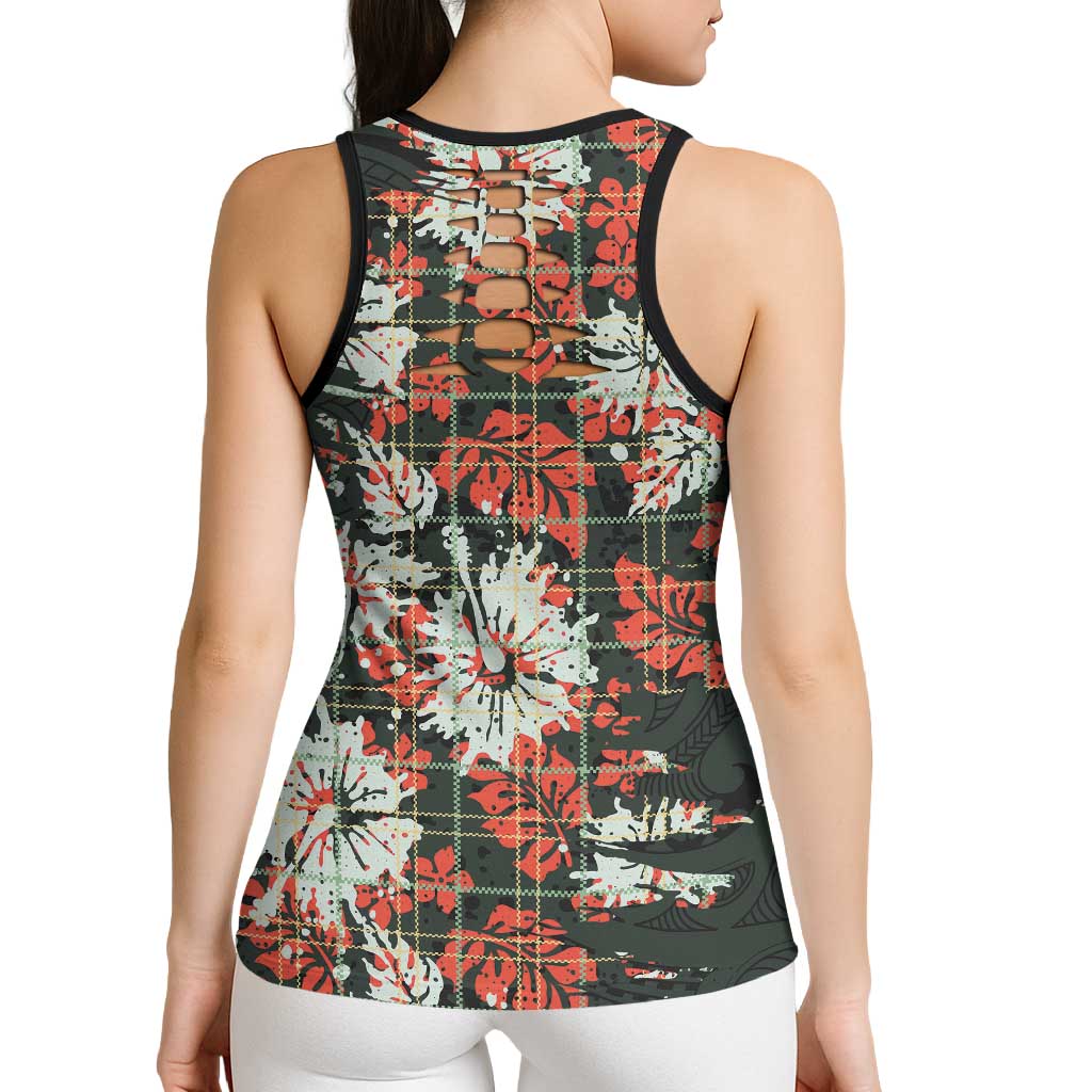 Hawaii Tartan With Hibiscus Hollow Tank Top Polynesian Pattern Vintage