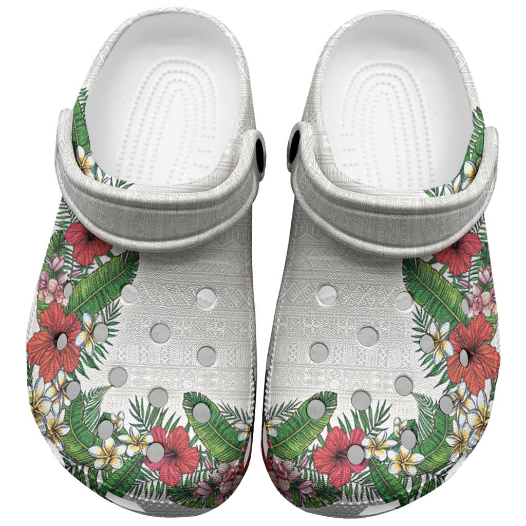 Hawaii Tropical Flowers and Leaves Clogs Shoes Tapa Pattern White Mode LT03 White - Polynesian Pride