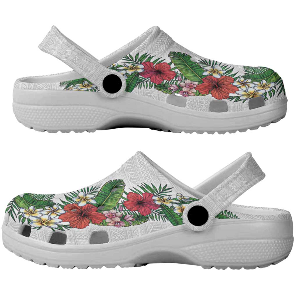 Hawaii Tropical Flowers and Leaves Clogs Shoes Tapa Pattern White Mode LT03 - Polynesian Pride
