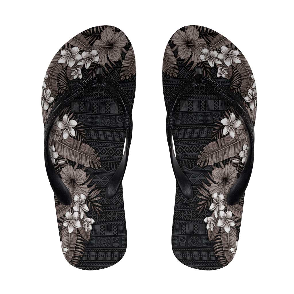 Hawaii Tropical Flowers and Leaves Flip Flops Tapa Pattern Grayscale Mode LT03 Grey - Polynesian Pride
