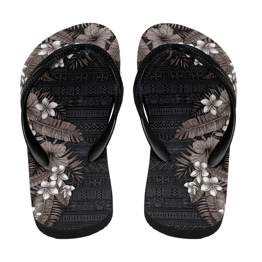 Hawaii Tropical Flowers and Leaves Flip Flops Tapa Pattern Grayscale Mode LT03 - Polynesian Pride