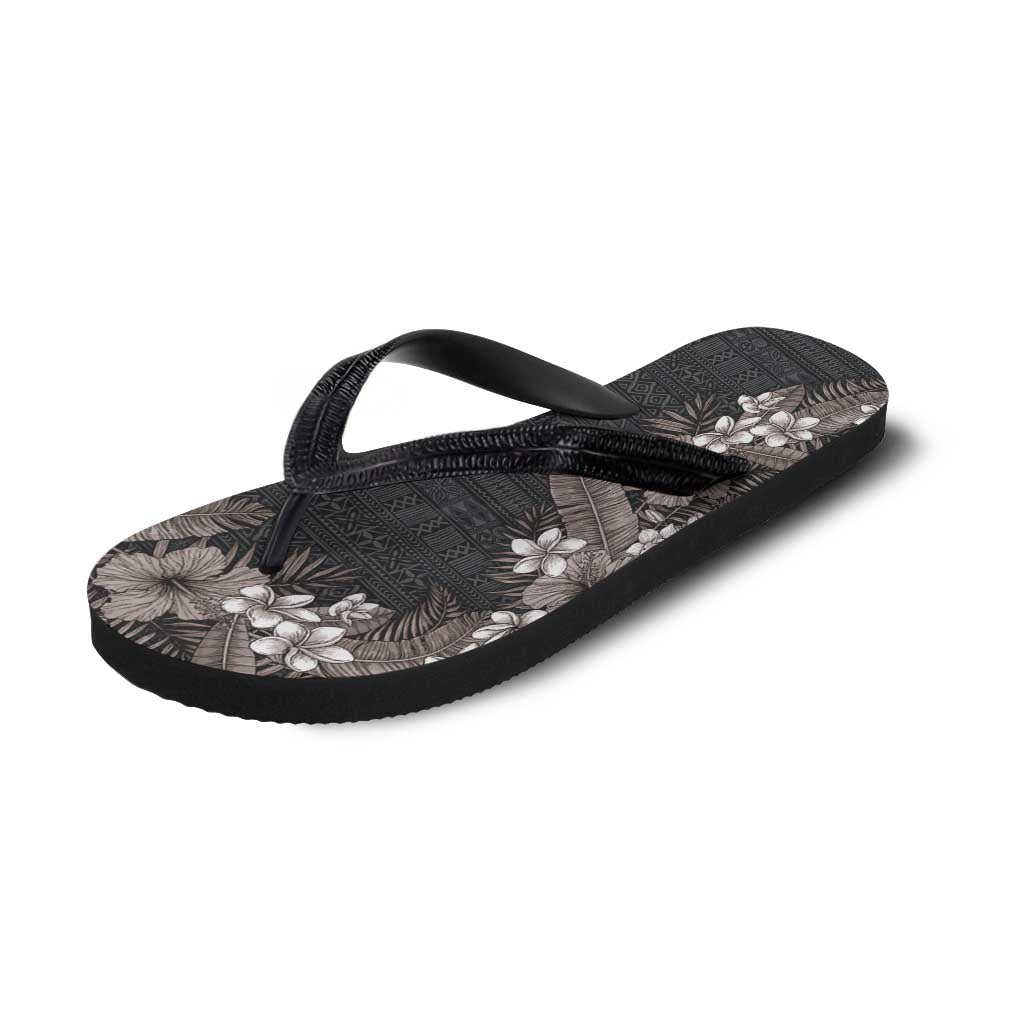 Hawaii Tropical Flowers and Leaves Flip Flops Tapa Pattern Grayscale Mode LT03 - Polynesian Pride