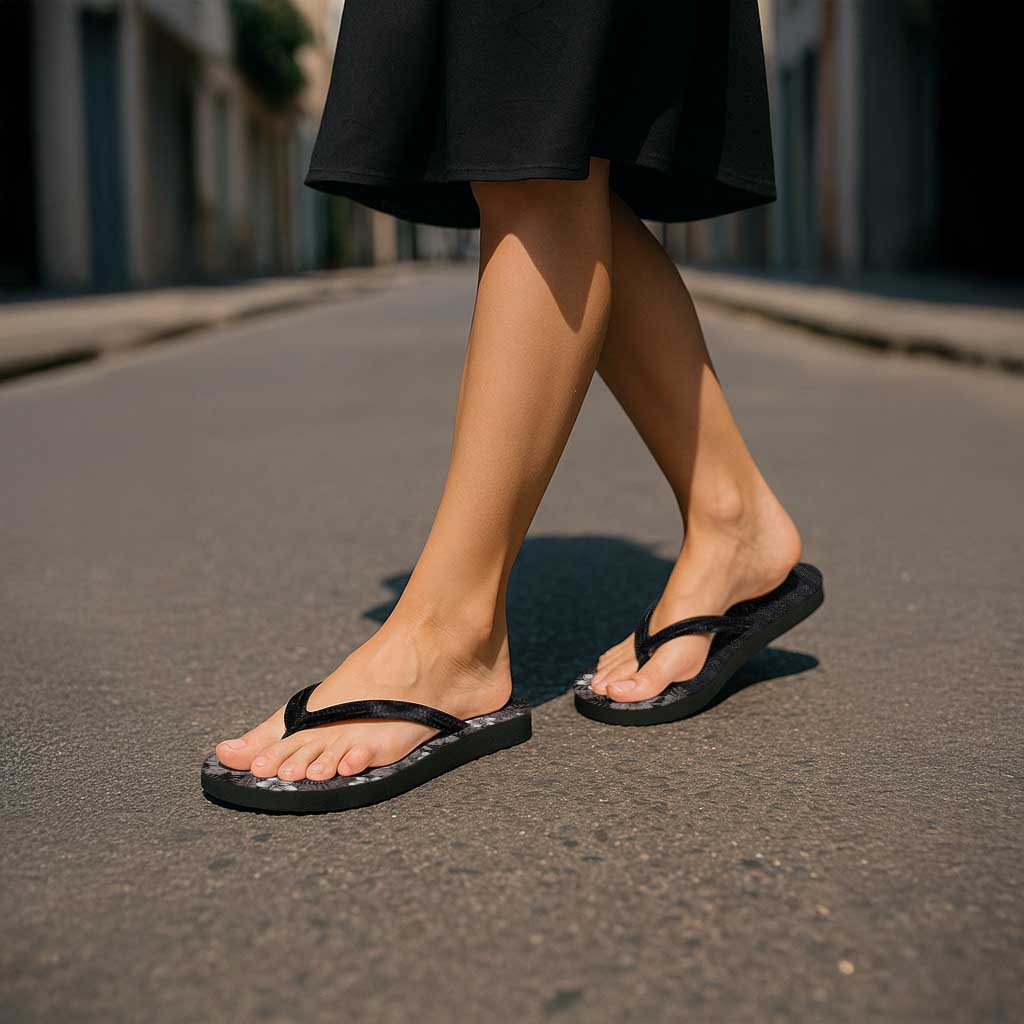 Hawaii Tropical Flowers and Leaves Flip Flops Tapa Pattern Grayscale Mode LT03 - Polynesian Pride
