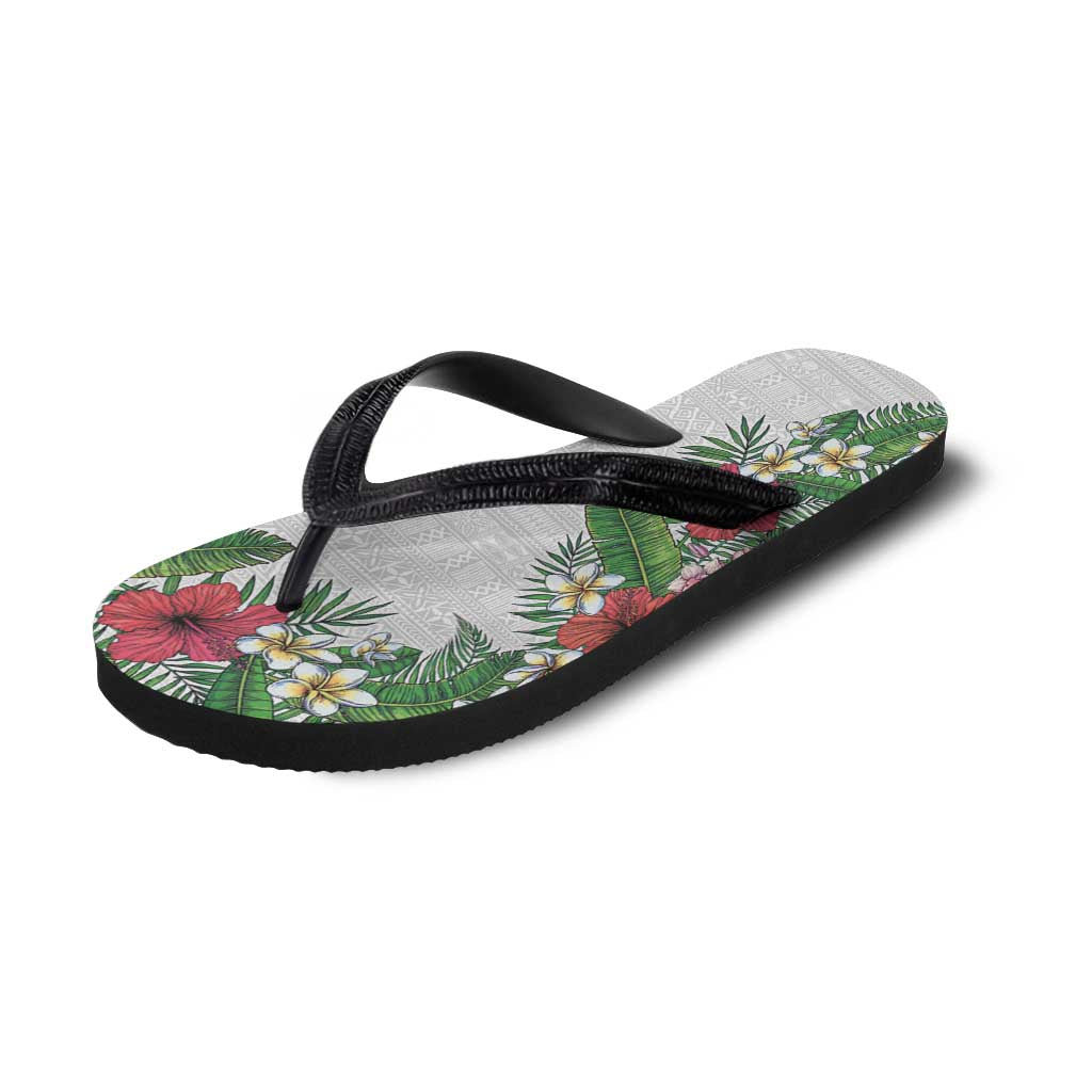 Hawaii Tropical Flowers and Leaves Flip Flops Tapa Pattern White Mode