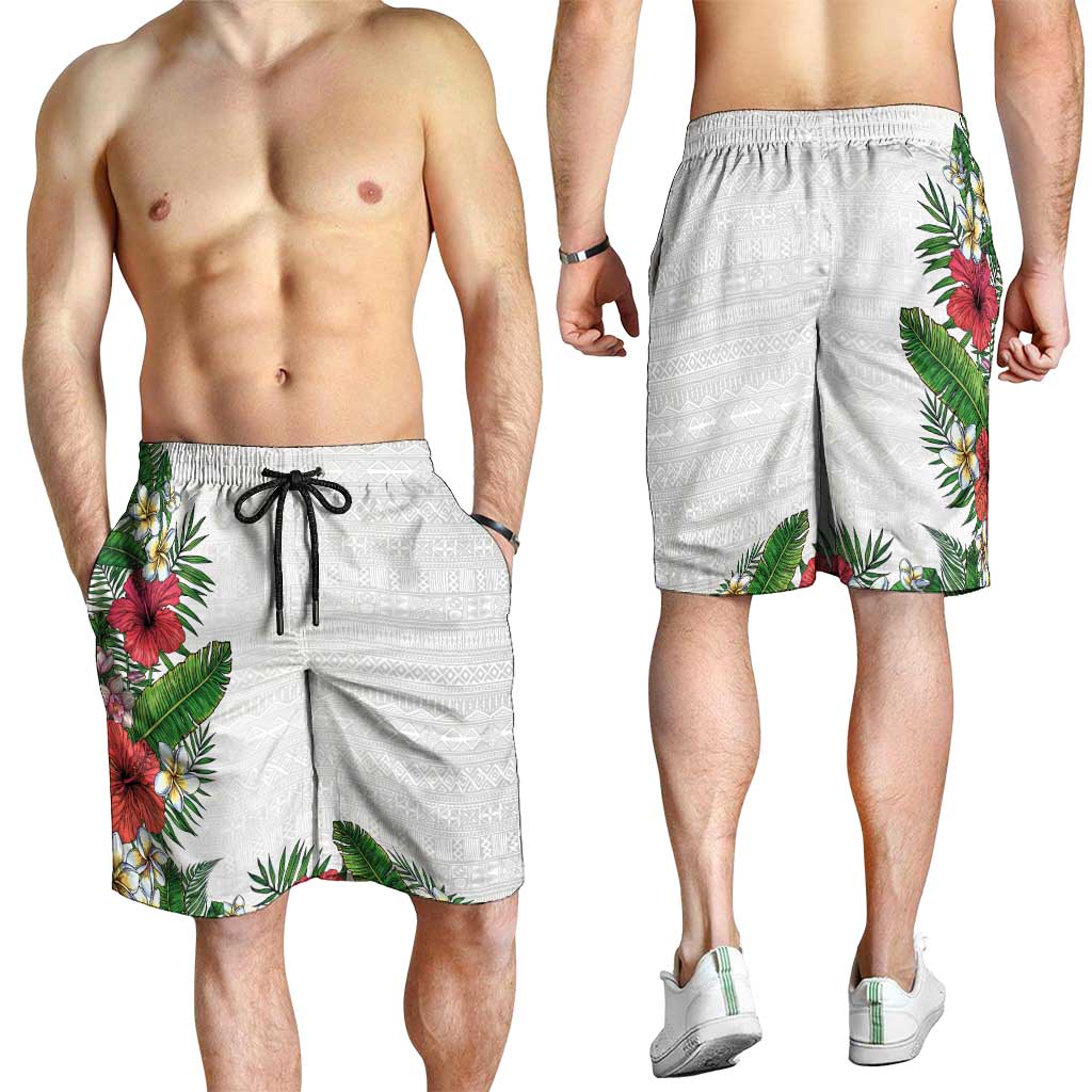 Hawaii Tropical Flowers and Leaves Shorts for Men Tapa Pattern White Mode
