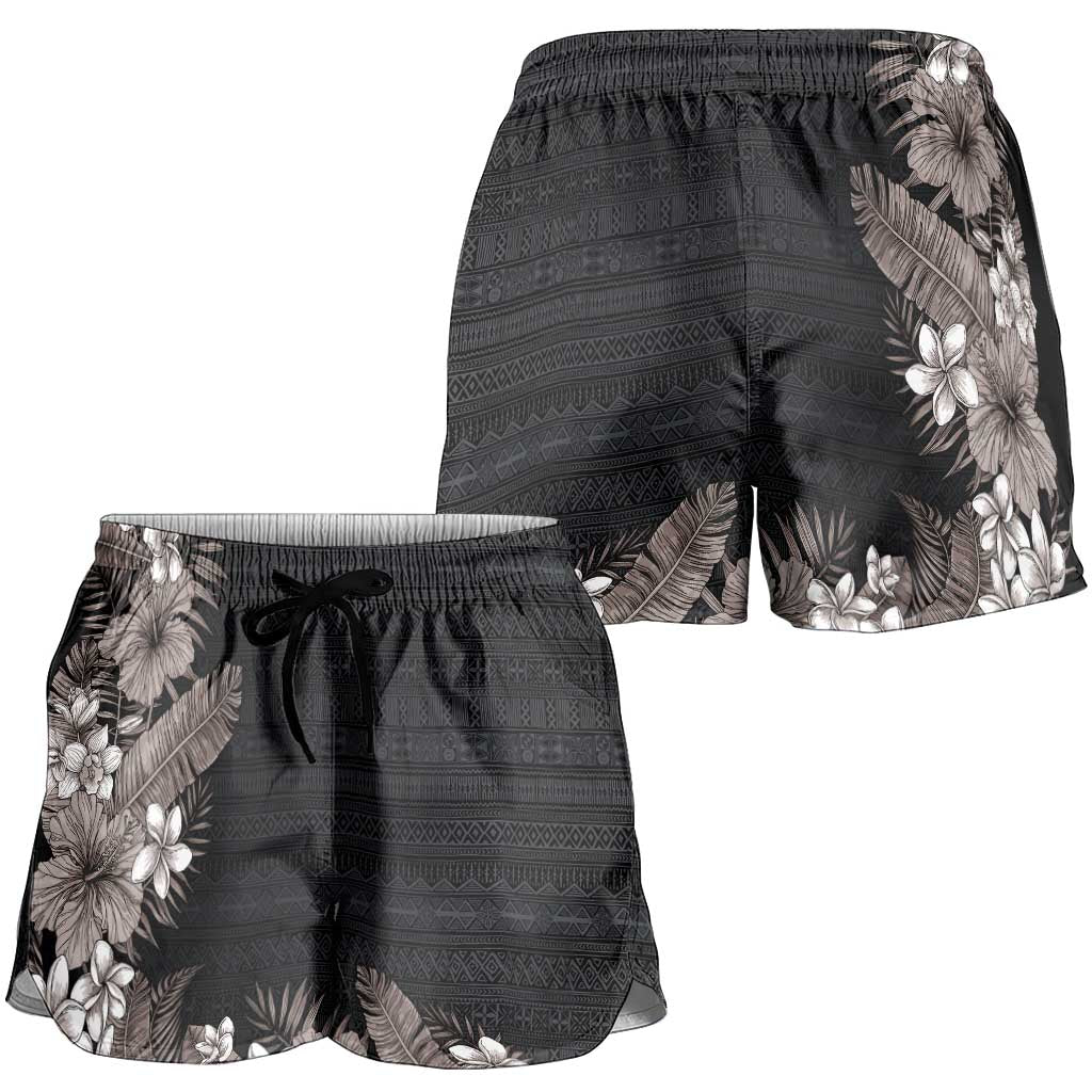 Hawaii Tropical Flowers and Leaves Shorts for Women Tapa Pattern Grayscale Mode