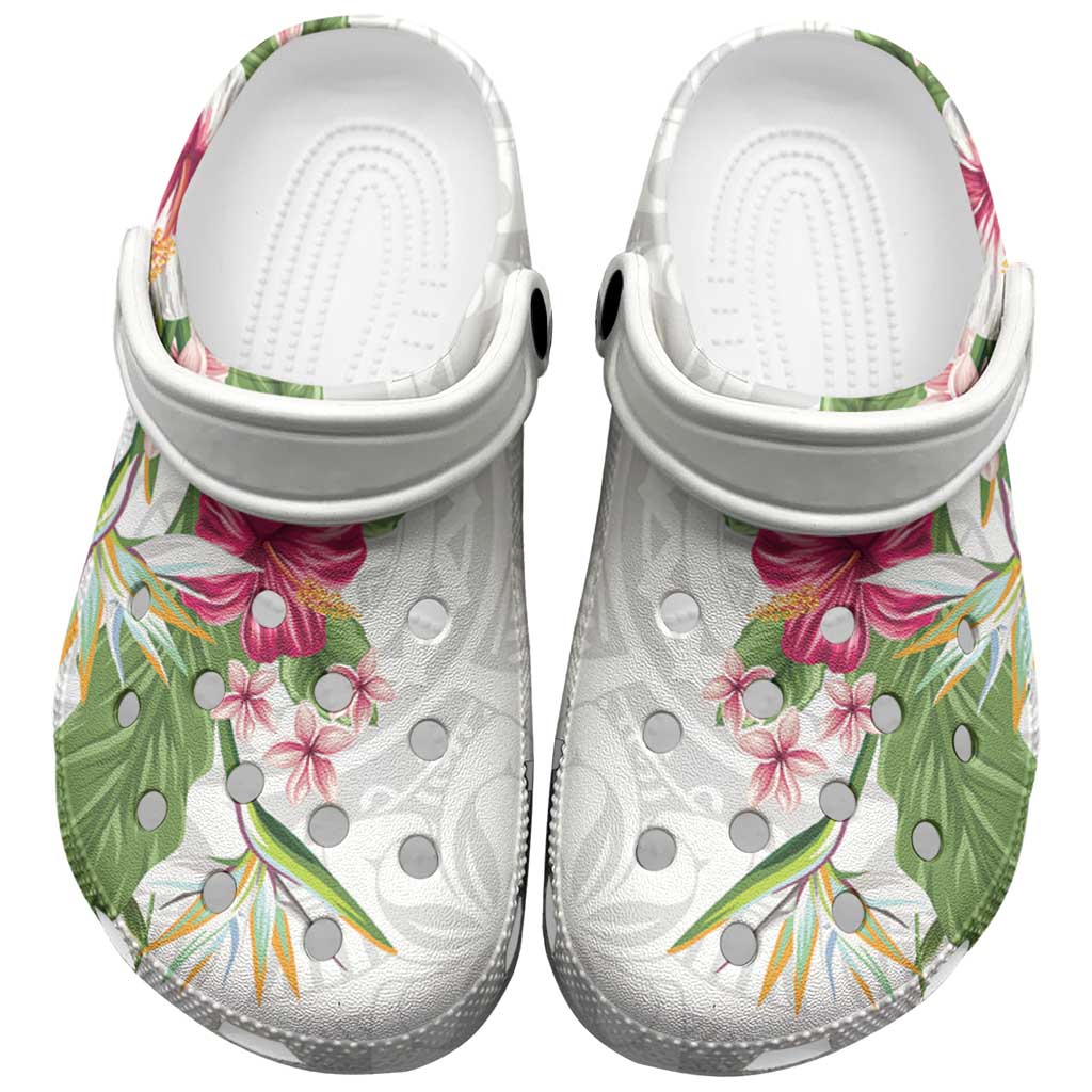 Hawaii Tropical Flowers Clogs Shoes Polynesian Tattoo White