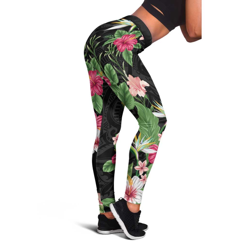 Hawaii Tropical Flowers Leggings Polynesian Tattoo Black