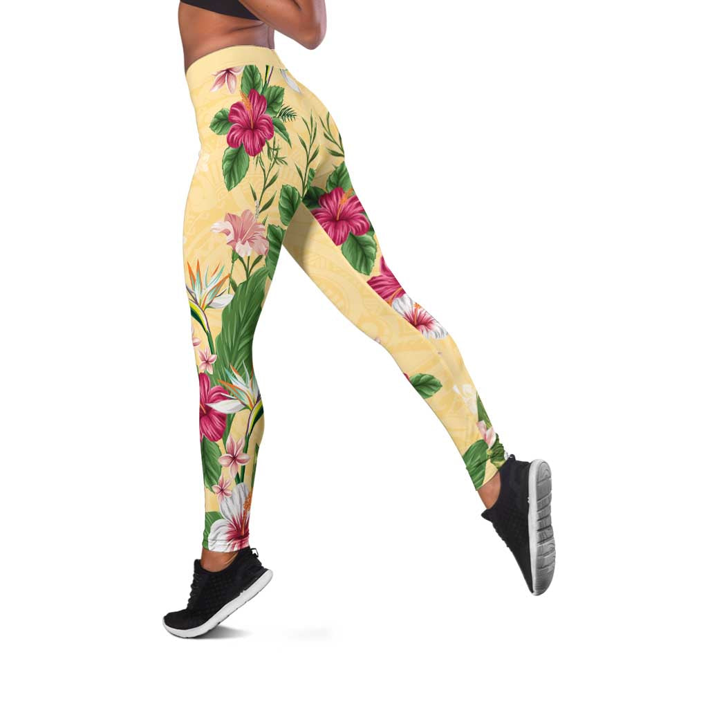 Hawaii Tropical Flowers Leggings Polynesian Tattoo Buttermilk