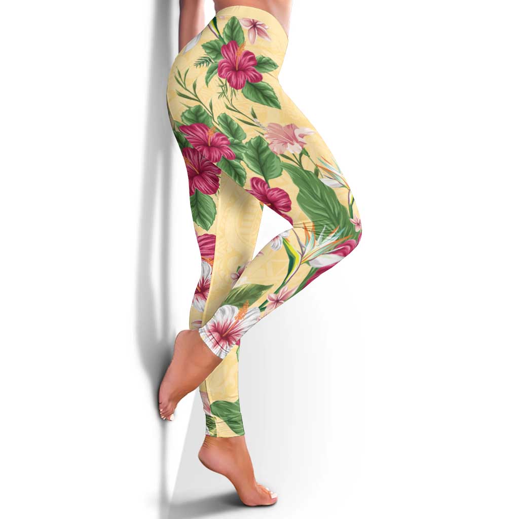 Hawaii Tropical Flowers Leggings Polynesian Tattoo Buttermilk