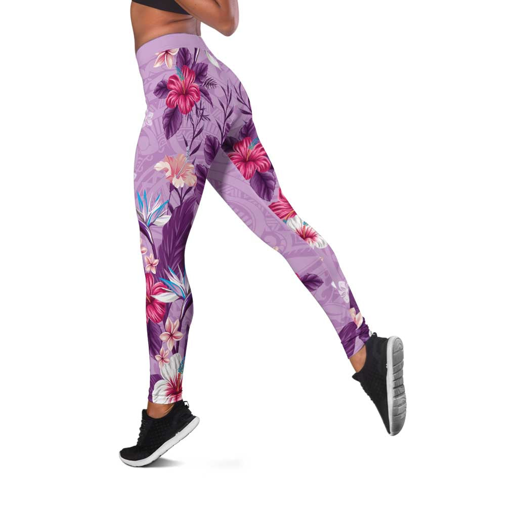 Hawaii Tropical Flowers Leggings Polynesian Tattoo Lavender