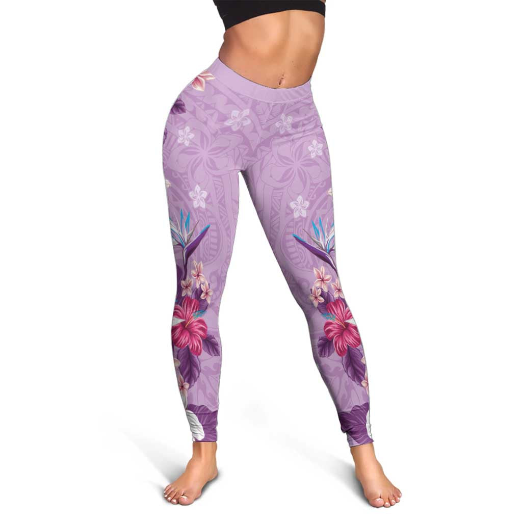 Hawaii Tropical Flowers Leggings Polynesian Tattoo Lavender