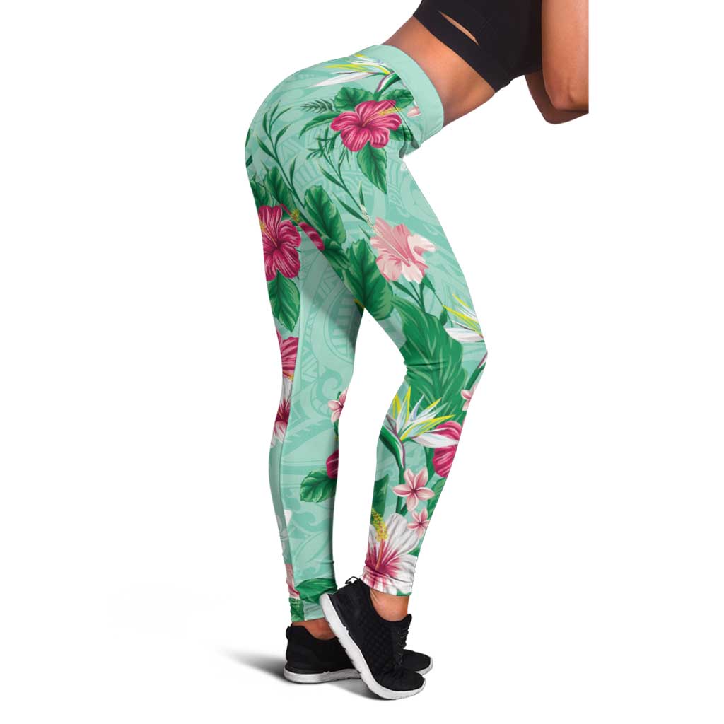 Hawaii Tropical Flowers Leggings Polynesian Tattoo Mint Green