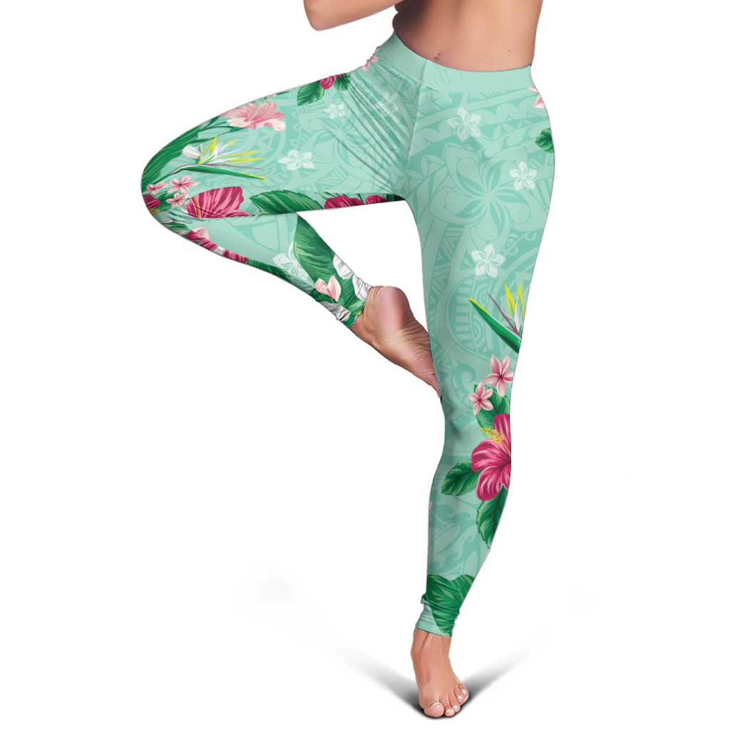 Hawaii Tropical Flowers Leggings Polynesian Tattoo Mint Green