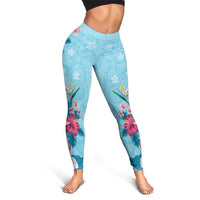 Hawaii Tropical Flowers Leggings Polynesian Tattoo Sky Blue