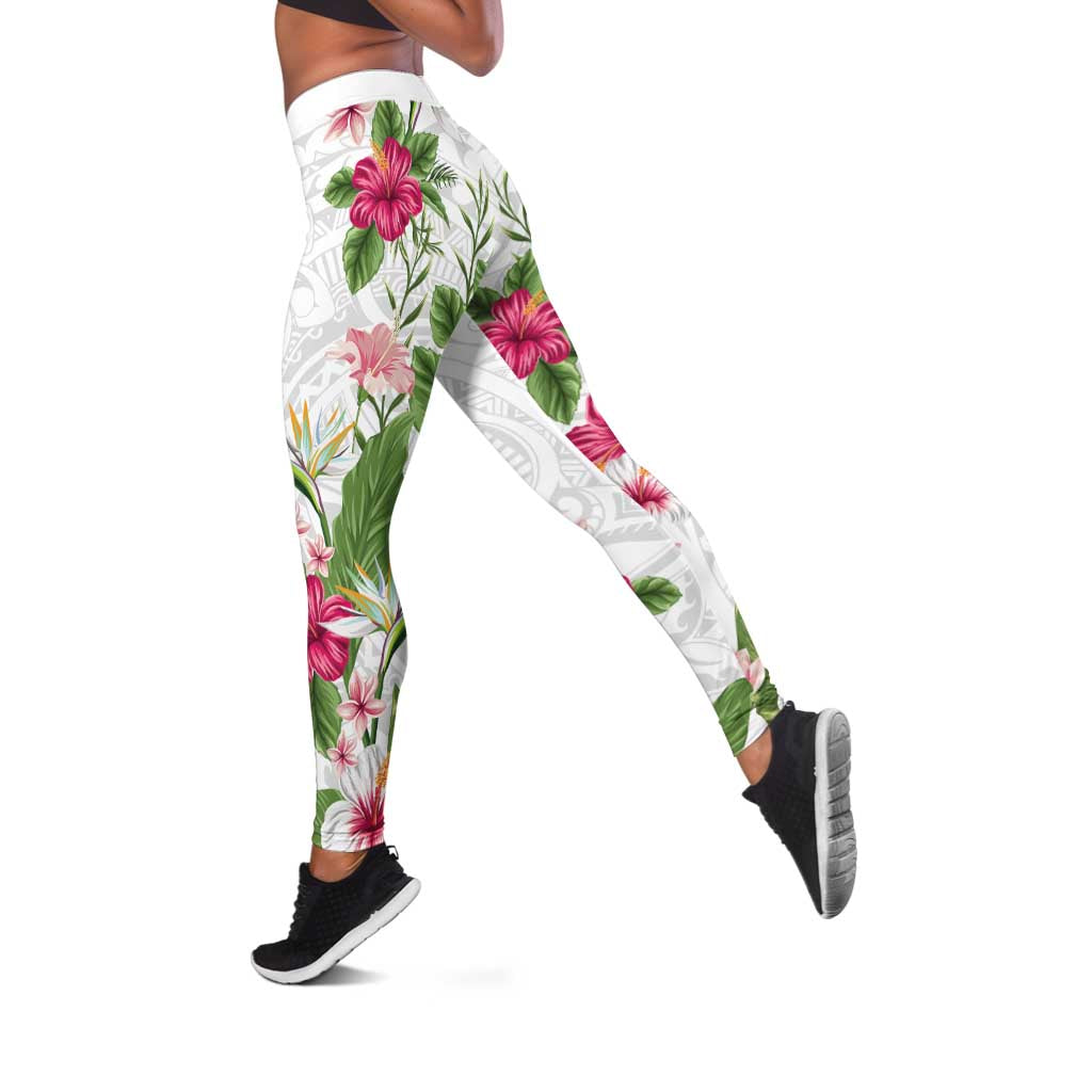 Hawaii Tropical Flowers Leggings Polynesian Tattoo White