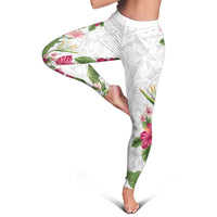 Hawaii Tropical Flowers Leggings Polynesian Tattoo White