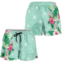 Hawaii Tropical Flowers Shorts for Women Polynesian Tattoo Mint Green