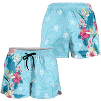 Hawaii Tropical Flowers Shorts for Women Polynesian Tattoo Sky Blue