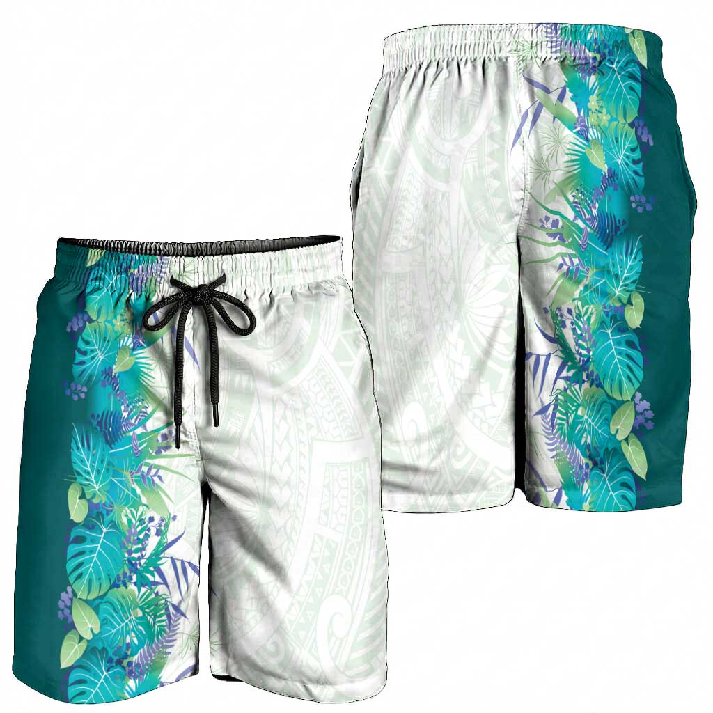 Hawaii Tropical Plant Teal Shorts for Men Vibrant Polynesian Pattern