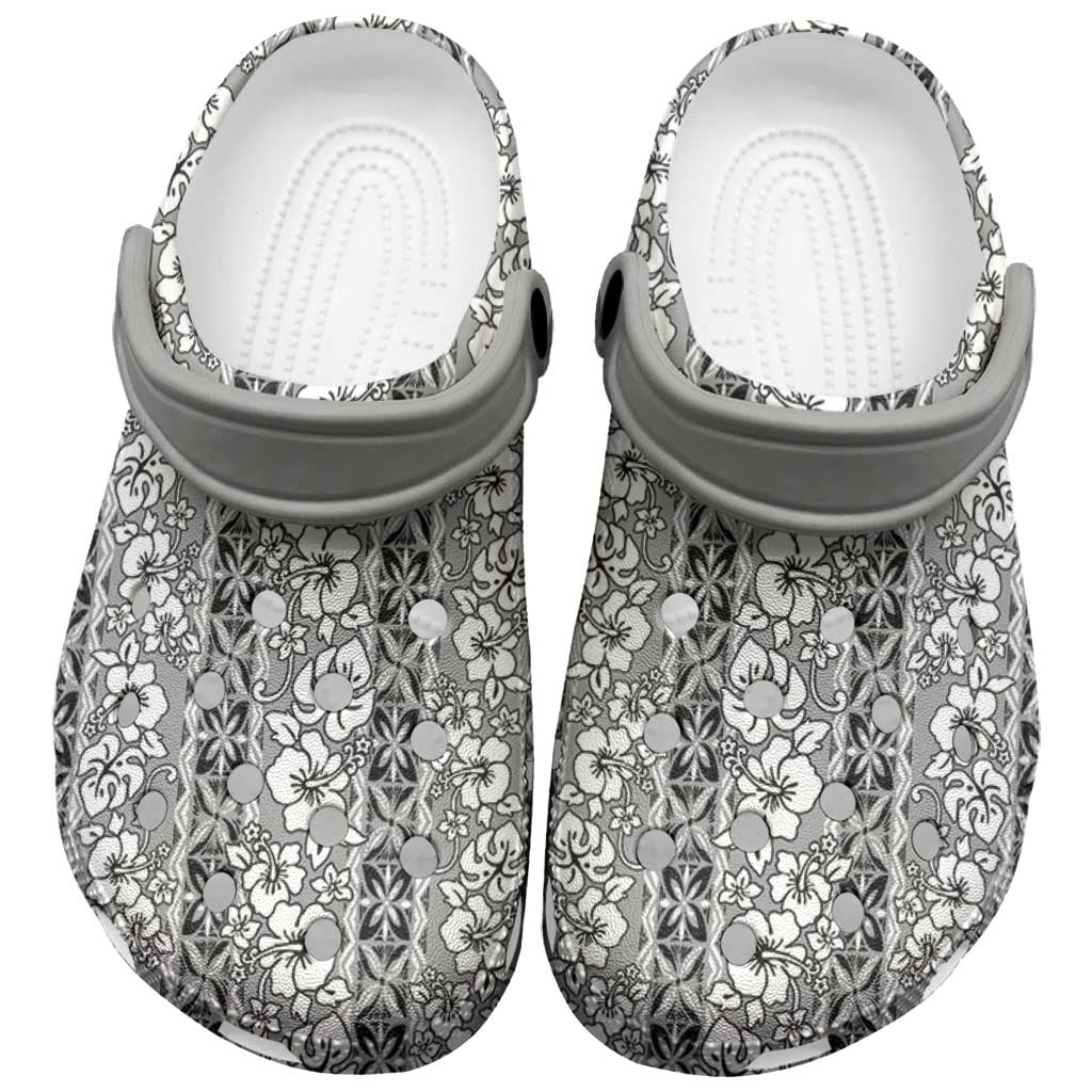 Hawaii Vintage Gray Hibiscus Tapa Pattern Clogs Shoes - Polynesian Pride