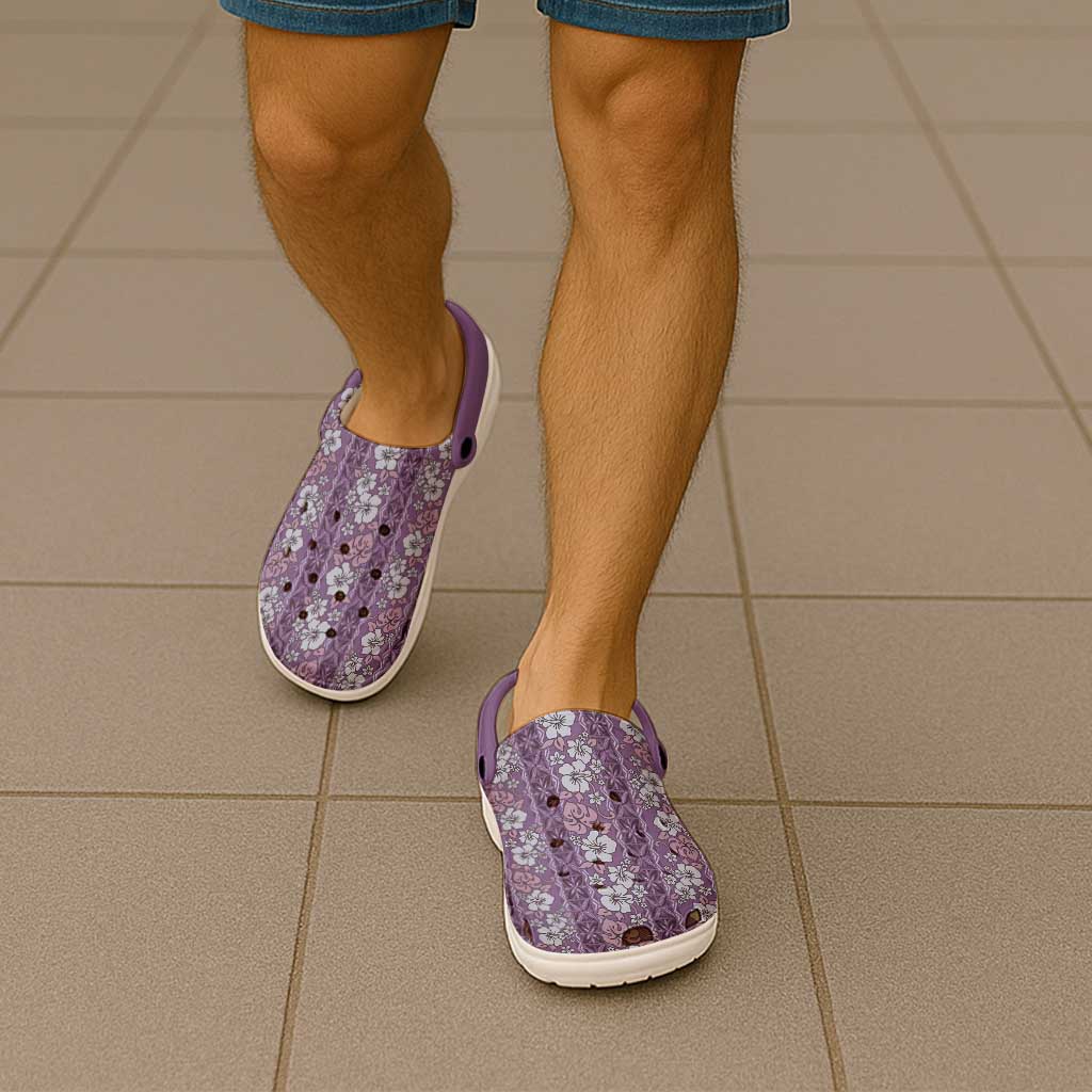 Hawaii Vintage Violet Hibiscus Tapa Pattern Clogs Shoes - Polynesian Pride