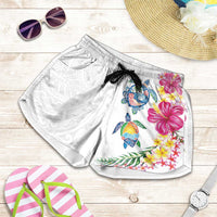 Hawaiian Abstract Art Turtles Shorts for Women with Plumeria and Hibiscus - Polynesian Pride
