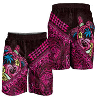 Hawaiian Abstract Sea Turtle Shorts for Men Polynesian Tapa Art and Kakau Tattoo Pink WaterColor - Polynesian Pride
