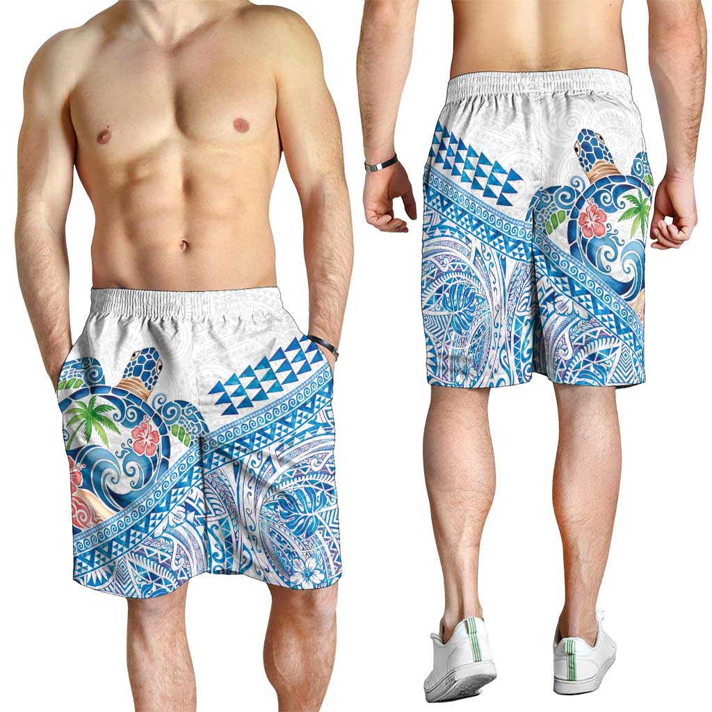 Hawaiian Abstract Sea Turtle Shorts for Men Polynesian Tapa Art and Kakau Tattoo White WaterColor - Polynesian Pride