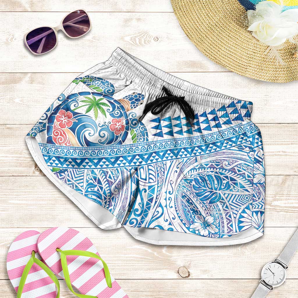 Hawaiian Abstract Sea Turtle Shorts for Women Polynesian Tapa Art and Kakau Tattoo White WaterColor - Polynesian Pride