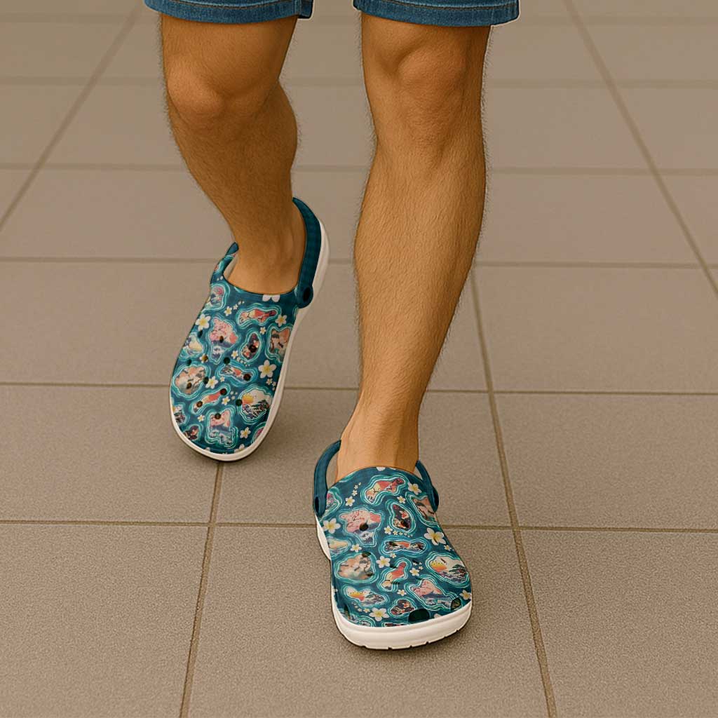 Hawaiian and Japanese Culture Together Clogs Shoes Hawaiian Island Shapes with Japanese Landscape Teal Color LT03 - Polynesian Pride