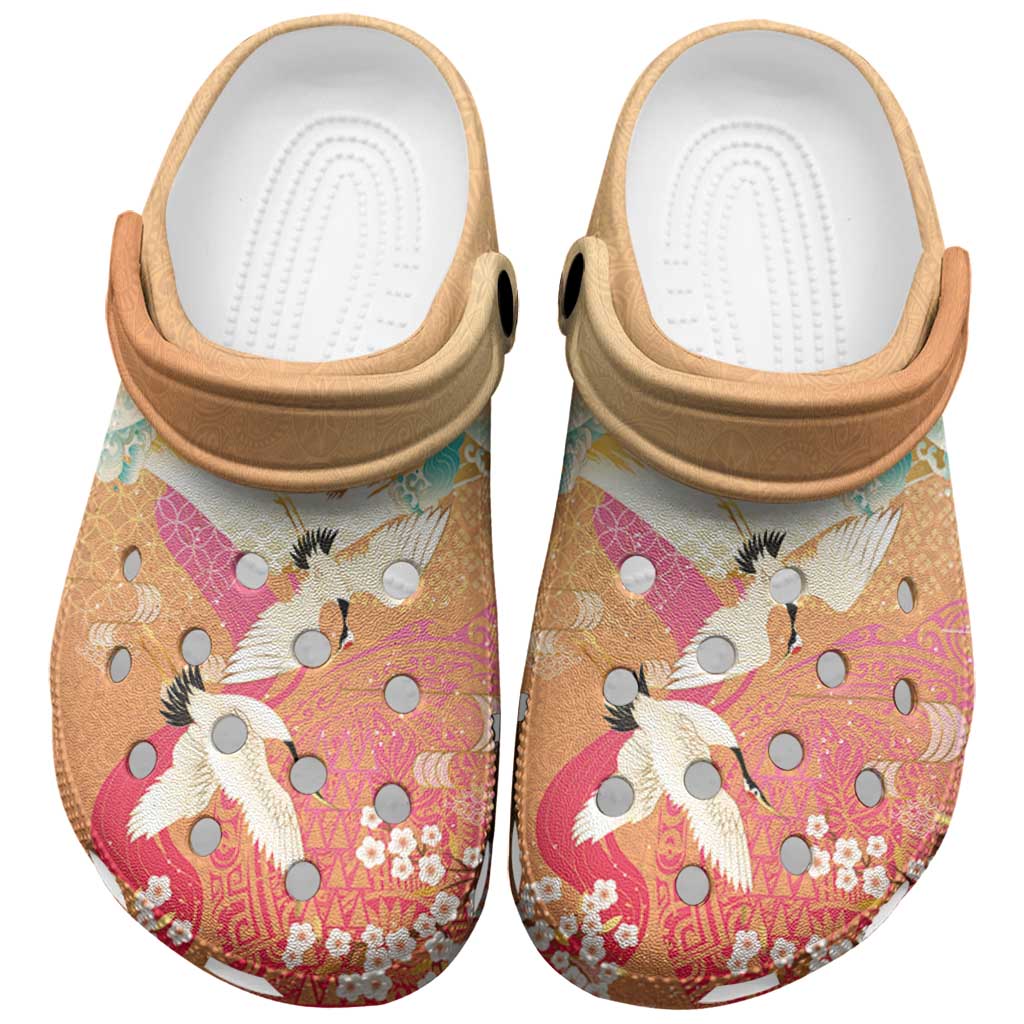 Hawaiian and Japanese Culture Together Clogs Shoes Kakau Art Tattoo with Cranes and Sakura Spring Vibe - Polynesian Pride
