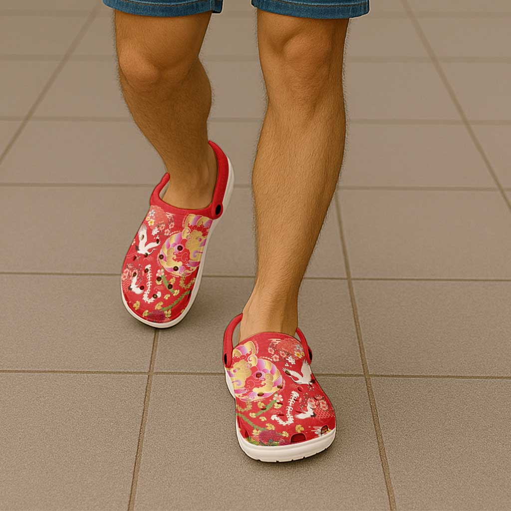 Hawaiian and Japanese Culture Together Clogs Shoes Kakau Tribal Pattern and Irezumi Art Red Color