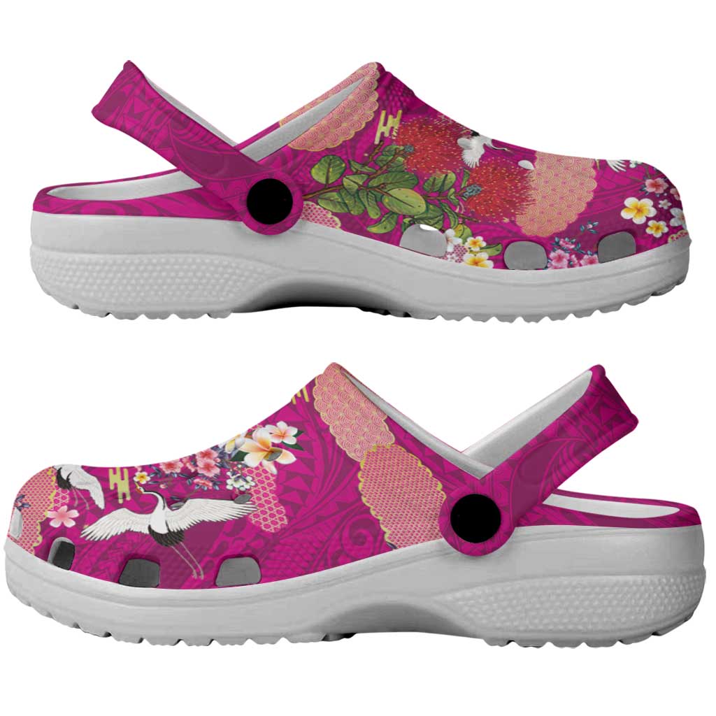 Hawaiian and Japanese Culture Together Clogs Shoes Pink Ohia Lehua Plumeria and Sakura Blooming - Polynesian Pride