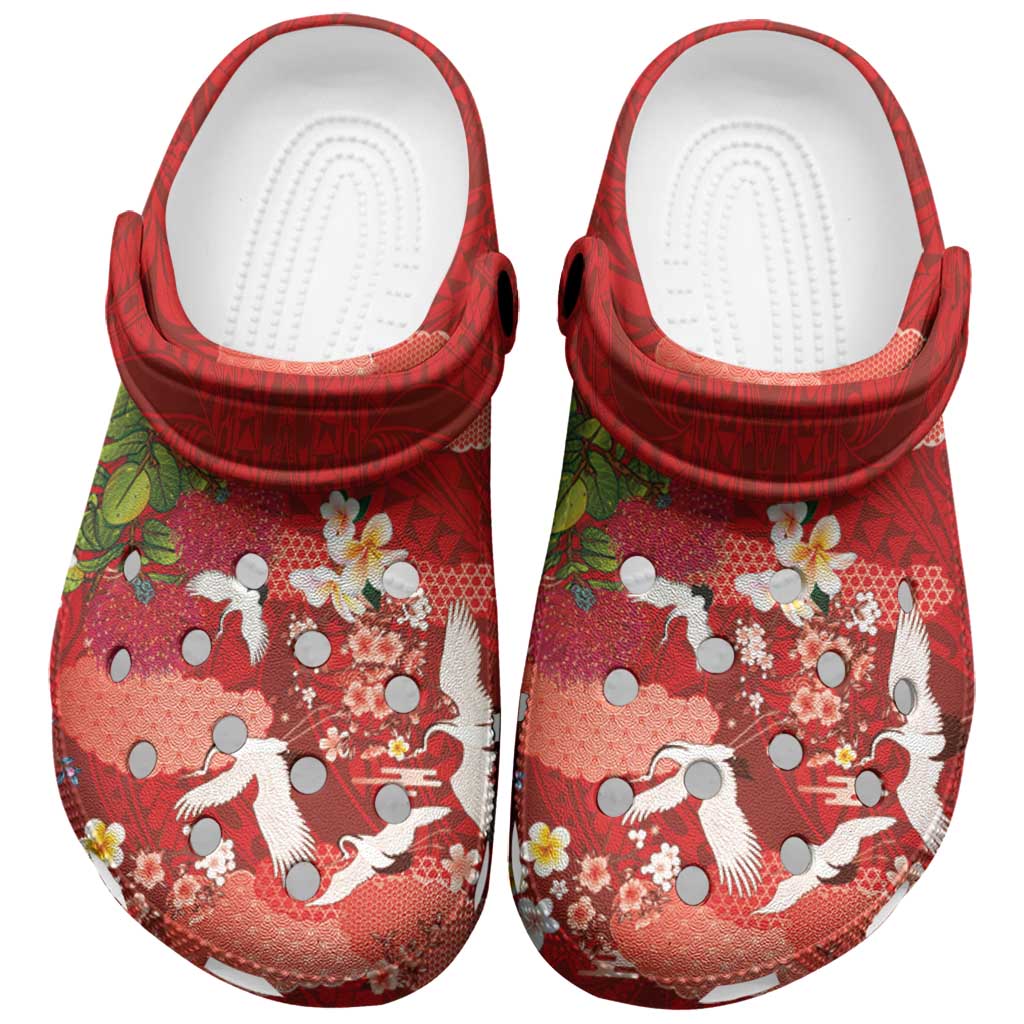 Hawaiian and Japanese Culture Together Clogs Shoes Red Ohia Lehua Plumeria and Sakura Blooming - Polynesian Pride