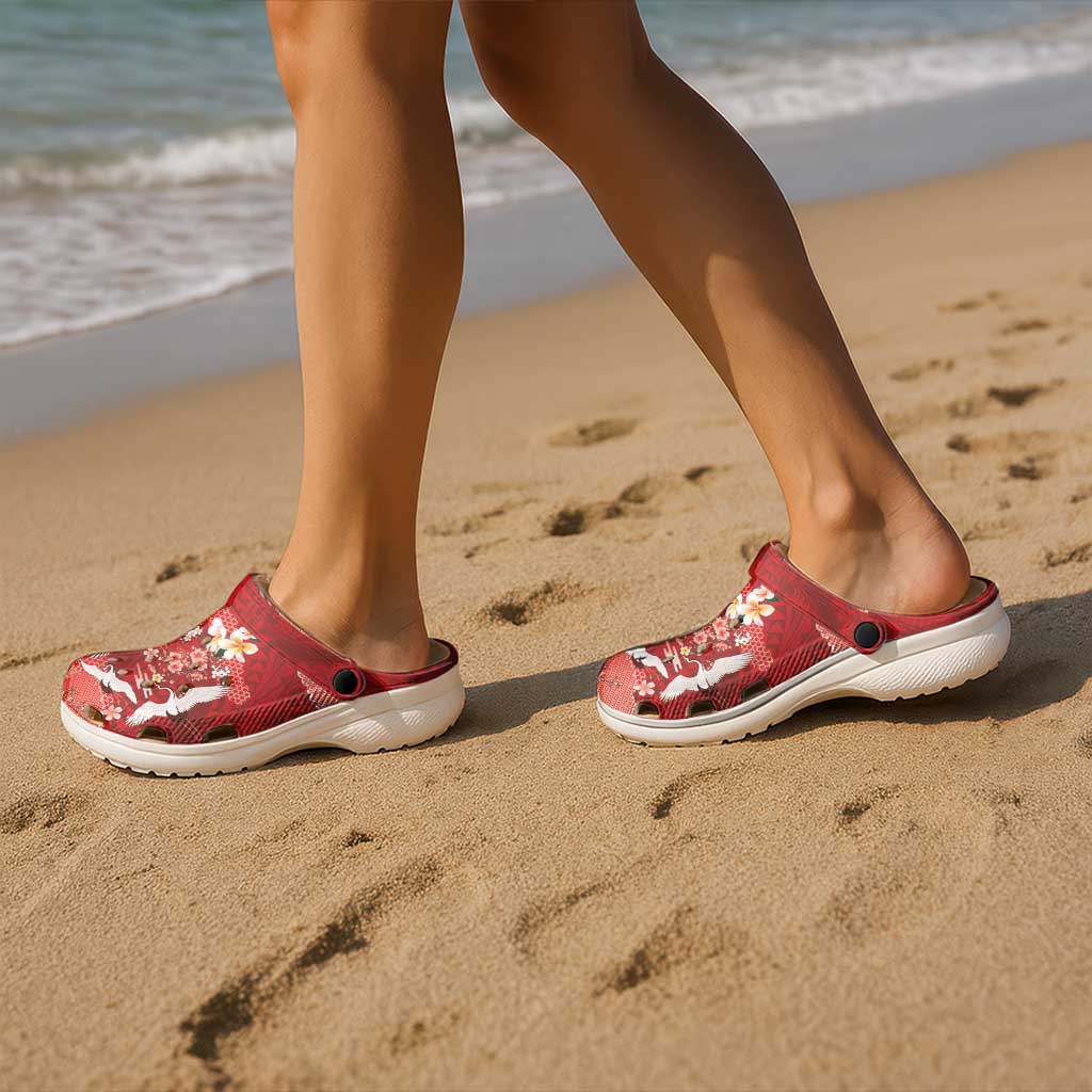 Hawaiian and Japanese Culture Together Clogs Shoes Red Ohia Lehua Plumeria and Sakura Blooming - Polynesian Pride