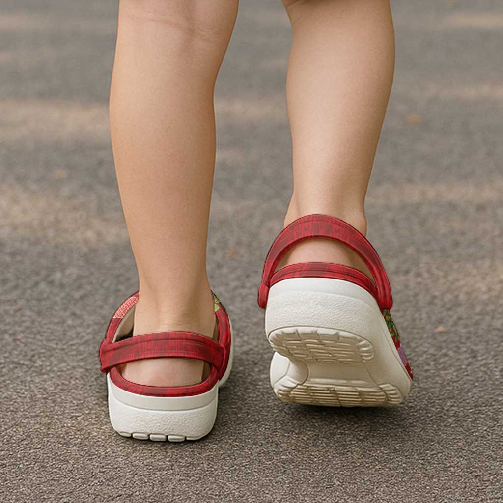 Hawaiian and Japanese Culture Together Clogs Shoes Red Ohia Lehua Plumeria and Sakura Blooming - Polynesian Pride