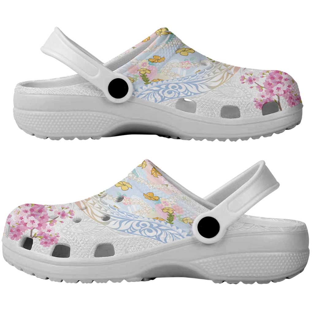 Hawaiian and Japanese Culture Together Clogs Shoes Tribal Motifs with Lei and Japanese Sakura Pattern LT03
