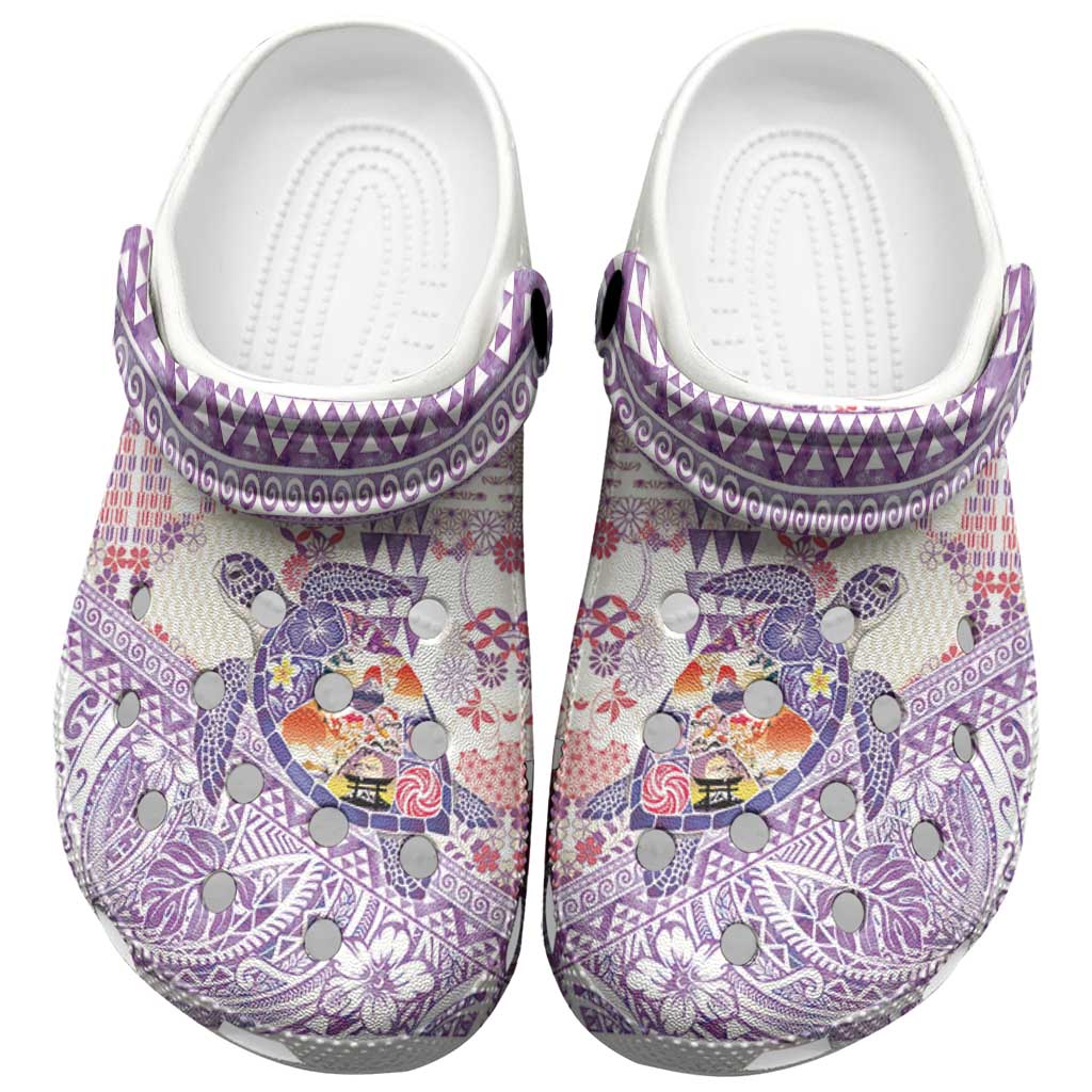 Hawaiian and Japanese Culture Together Clogs Shoes Tropical Honu with Japanese Elements Purple Color