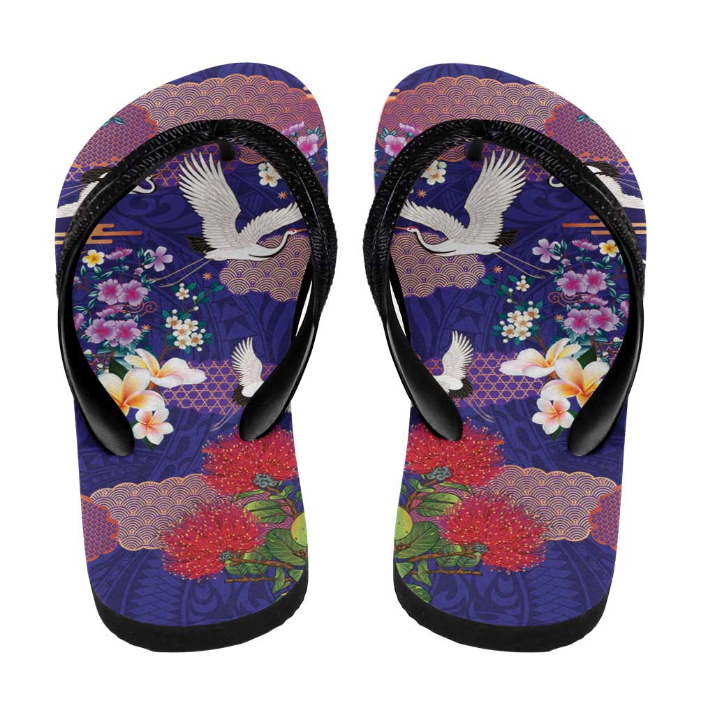 Hawaiian and Japanese Culture Together Flip Flops Blue Ohia Lehua Plumeria and Sakura Blooming - Polynesian Pride