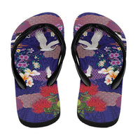 Hawaiian and Japanese Culture Together Flip Flops Blue Ohia Lehua Plumeria and Sakura Blooming - Polynesian Pride