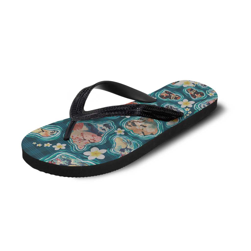 Hawaiian and Japanese Culture Together Flip Flops Hawaiian Island Shapes with Japanese Landscape Teal Color LT03 - Polynesian Pride