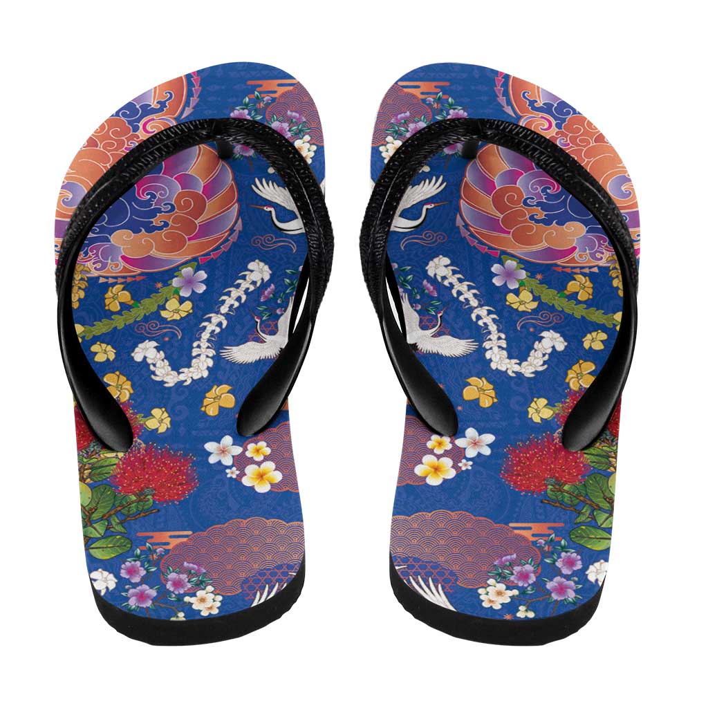 Hawaiian and Japanese Culture Together Flip Flops Kakau Tribal Pattern and Irezumi Art Blue Color