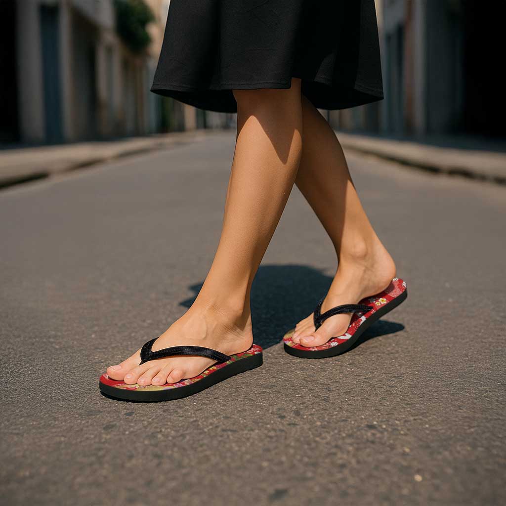 Hawaiian and Japanese Culture Together Flip Flops Kakau Tribal Pattern and Irezumi Art Red Color