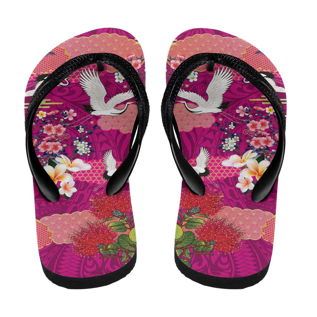 Hawaiian and Japanese Culture Together Flip Flops Pink Ohia Lehua Plumeria and Sakura Blooming - Polynesian Pride