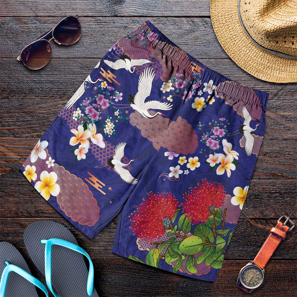 Hawaiian and Japanese Culture Together Shorts for Men Blue Ohia Lehua Plumeria and Sakura Blooming - Polynesian Pride