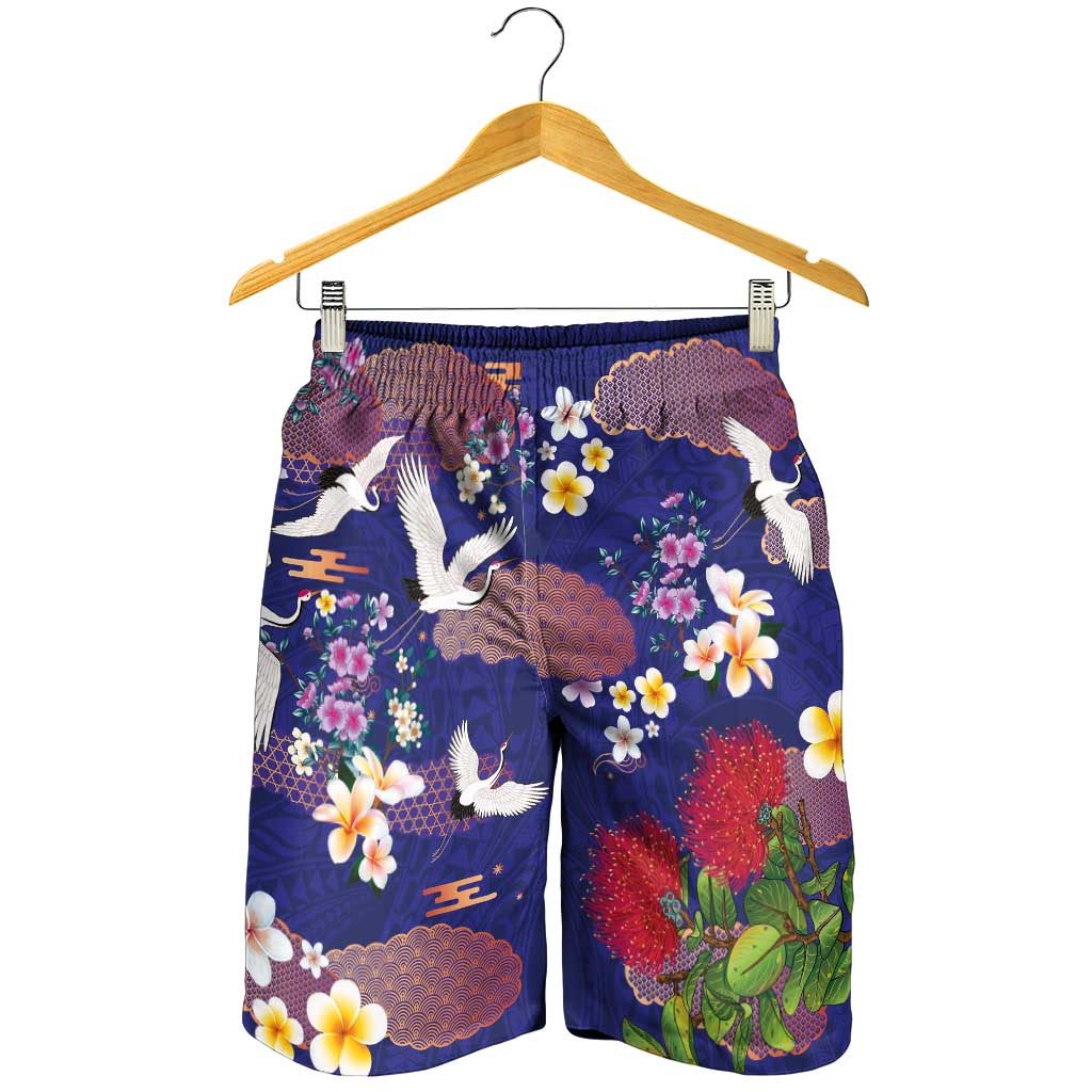Hawaiian and Japanese Culture Together Shorts for Men Blue Ohia Lehua Plumeria and Sakura Blooming - Polynesian Pride